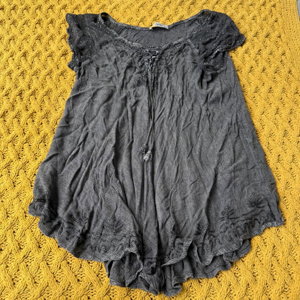 Lapogee Charcoal Gray Whimsigoth Boho Lace Up Tassel Embroidered Tunic Top Large